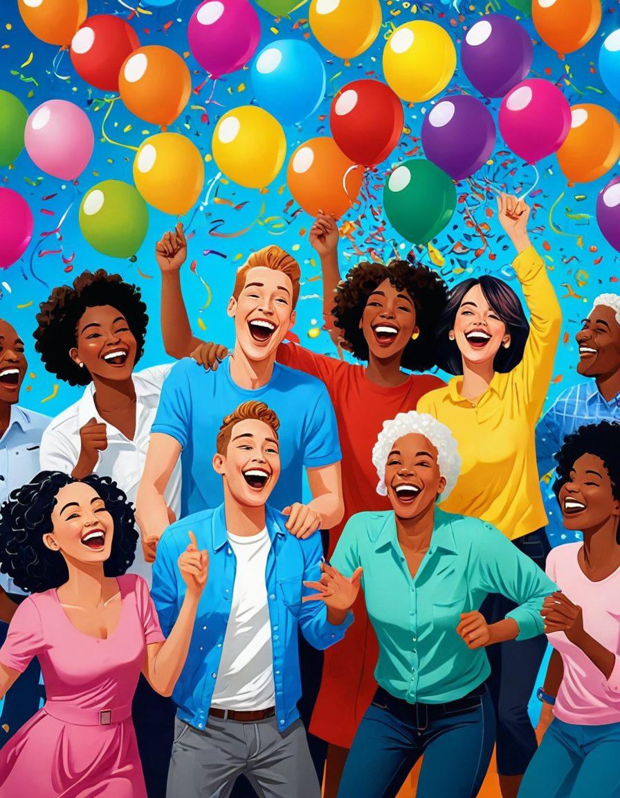 A whimsical illustration of a diverse group of people laughing and enjoying various humorous adult activities, surrounded by playful elements like colorful balloons and confetti. The scene conveys a light-hearted atmosphere with a hint of cheekiness, featuring cartoon-style characters engaging in fun-filled adventures. Bright and vibrant colors enhance the joyful mood, inviting viewers to embrace laughter and pleasure. cartoon illustration. vibrant colors. playful style.