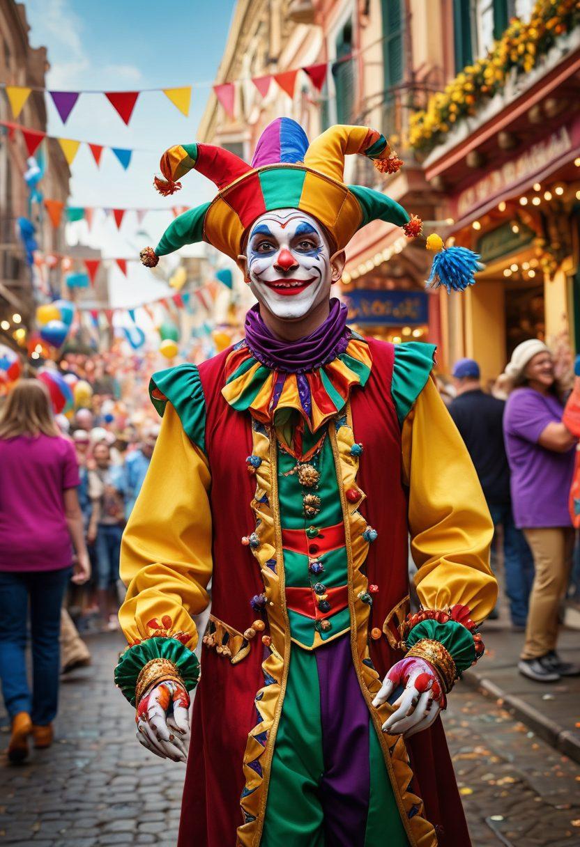 A whimsical scene featuring a jester juggling oversized, colorful dice in a vibrant carnival setting. In the background, a lively crowd laughs at a comedic street performer, with playful confetti floating in the air. The atmosphere is lively and filled with bright, cheerful colors, exuding a sense of fun and humor. super-realistic. vibrant colors. carnival style.