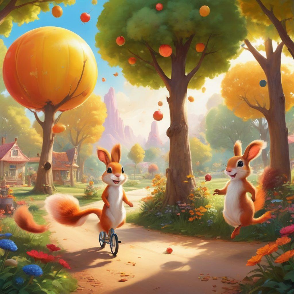 A whimsical landscape filled with vibrant, cartoonish characters engaging in various silly activities like juggling oversized fruits and riding unicycles. Brightly colored trees and playful animals, like laughing squirrels and dancing rabbits, surround a cheerful sun shining down on the scene. The atmosphere is joyful and lighthearted, inviting the viewer to join in the fun. bold colors, cartoon style, playful scene.